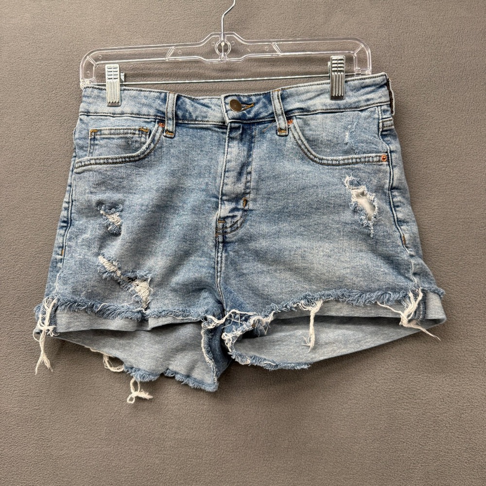 HM Womens Distressed Denim Shorts Size 8 Light Wash Raw Hem High Rise